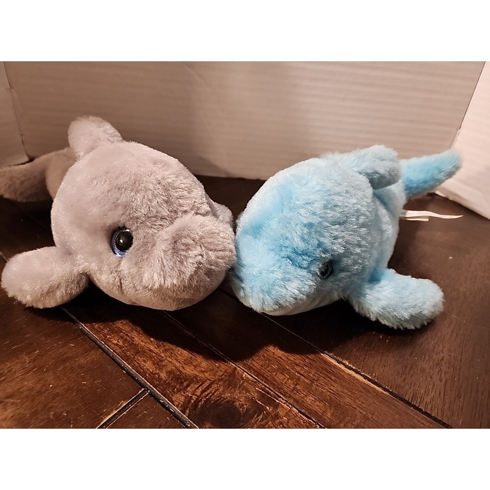 The Petting Zoo Dolphin Lot 10" Long Plush Gray Blue Sparkly Eyes